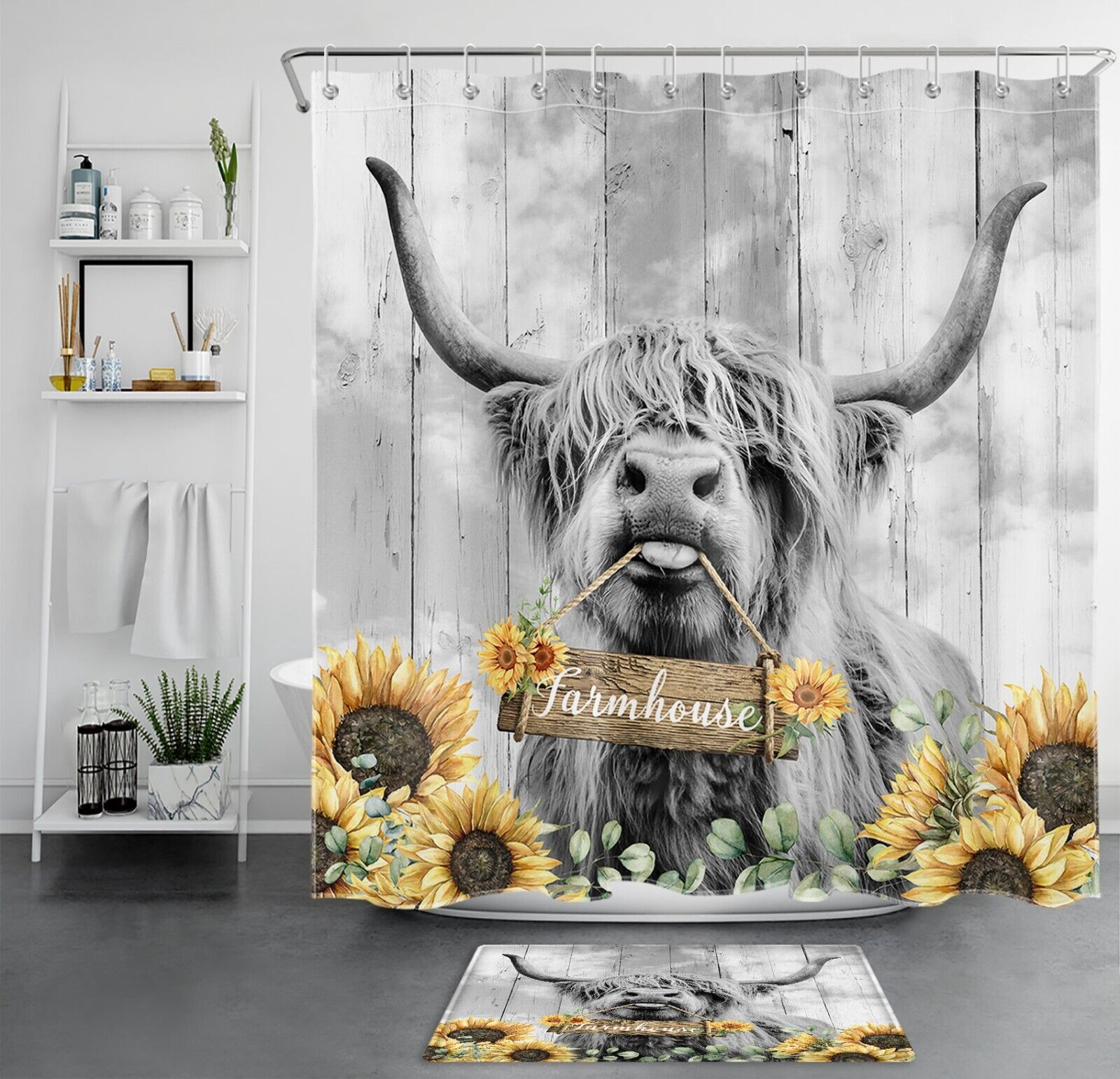 Rustic Highland Cow Shower Curtain with Flower Designs for Bathroom Decor