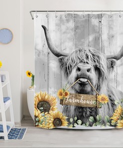 Rustic Highland Cow Shower Curtain with Flower Designs for Bathroom Decor