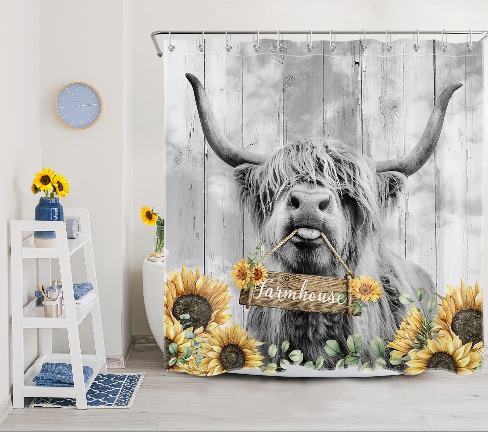 Rustic Highland Cow Shower Curtain with Flower Designs for Bathroom Decor
