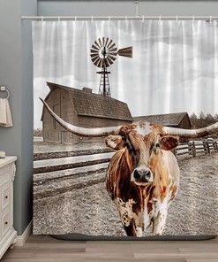Rustic Longhorn Shower Curtain with Windmill and Farm Animal Scenery for Western Country Farmhouse Bathroom Decor