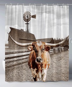 Rustic Longhorn Shower Curtain with Windmill and Farm Animal Scenery for Western Country Farmhouse Bathroom Decor