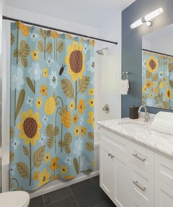 Rustic Striped Shower Curtain with Sunflower Print for a Cozy Bathroom 