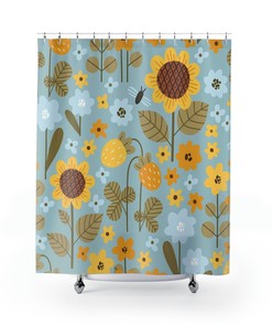 Rustic Striped Shower Curtain with Sunflower Print for a Cozy Bathroom