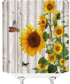 Rustic Sunflower Shower Curtain - Wooden Board Barn Door Vintage Yellow Floral Nature Decor