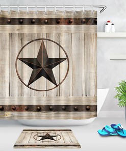 Rustic Texas Star Shower Curtain with Barn Wood Design for Western Bathroom Decor