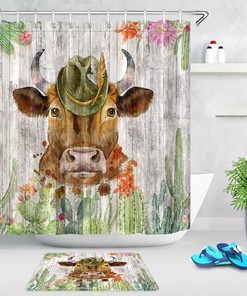 Rustic Watercolor Cow Cactus Shower Curtain - Waterproof Fabric Home Decor