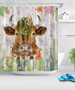Rustic Watercolor Cow Cactus Shower Curtain - Waterproof Fabric Home Decor