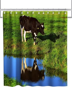 Rustic Watercolour Cow Shower Curtain - Funny Nature Theme Fabric Bathroom Decor with Green and Black