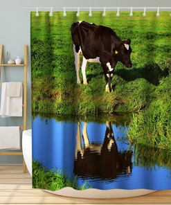 Rustic Watercolour Cow Shower Curtain - Funny Nature Theme Fabric Bathroom Decor with Green and Black
