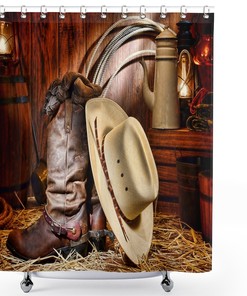 Rustic Western Shower Curtain with Cowboy Hat, Winchester Boots, and Wooden Barn for Country Decor