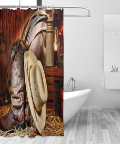 Rustic Western Shower Curtain with Cowboy Hat, Winchester Boots, and Wooden Barn for Country Decor