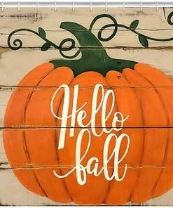 Rustic Wooden Bath Curtain with Orange Pumpkins for Your Bathroom