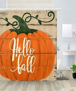 Rustic Wooden Bath Curtain with Orange Pumpkins for Your Bathroom