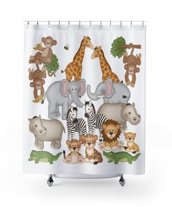 Safari Jungle Animals Shower Curtain for Kids Bathroom with Monkey, Giraffe, Elephant, Zebra, Hippo, Alligator and Tiger