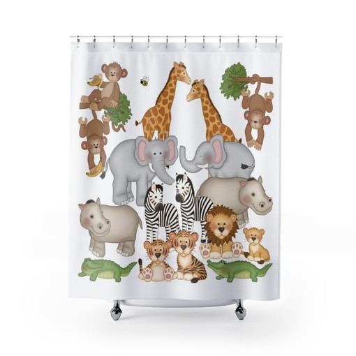 Safari Jungle Animals Shower Curtain for Kids Bathroom with Monkey, Giraffe, Elephant, Zebra, Hippo, Alligator and Tiger