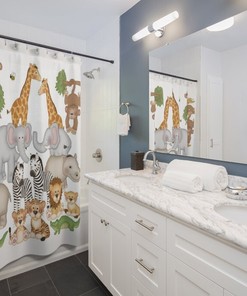 Safari Jungle Animals Shower Curtain for Kids Bathroom with Monkey, Giraffe, Elephant, Zebra, Hippo, Alligator and Tiger