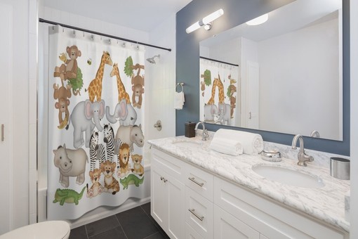 Safari Jungle Animals Shower Curtain for Kids Bathroom with Monkey, Giraffe, Elephant, Zebra, Hippo, Alligator and Tiger