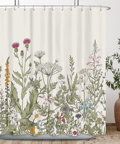 Sage Green Leaves and Floral Shower Curtain for Elegant Bathroom Decor - Botanical Bath Accessories