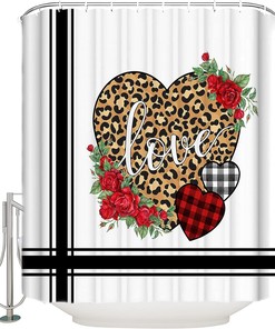 Saint Valentine's Leopard Shower Curtain - Love Rose Flower Print on Red and Black Fabric for Retro Bathroom Decor
