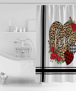 Saint Valentine's Leopard Shower Curtain - Love Rose Flower Print on Red and Black Fabric for Retro Bathroom Decor