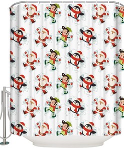 Santa Claus Elf Penguin Playing Tiled Style Christmas Shower Curtain - Waterproof Home Decoration for Bathroom 