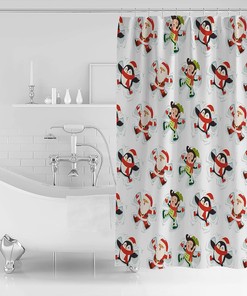 Santa Claus Elf Penguin Playing Tiled Style Christmas Shower Curtain - Waterproof Home Decoration for Bathroom