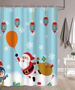 Santa Claus Penguin Balloon Christmas Shower Curtain for Festive Bathroom