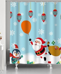Santa Claus Penguin Balloon Christmas Shower Curtain for Festive Bathroom