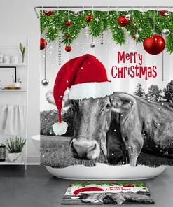 Santa Hat Cows Farm Animal Merry Christmas Shower Curtain - Featuring Adorable Festive Design