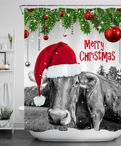 Santa Hat Cows Farm Animal Merry Christmas Shower Curtain - Featuring Adorable Festive Design