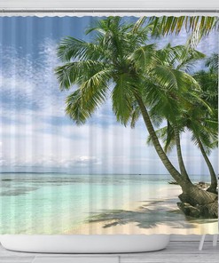 Scenic Palm Tree Shower Curtain - Tropical Bathroom Decor with Ocean View Art