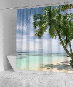 Scenic Palm Tree Shower Curtain - Tropical Bathroom Decor with Ocean View Art