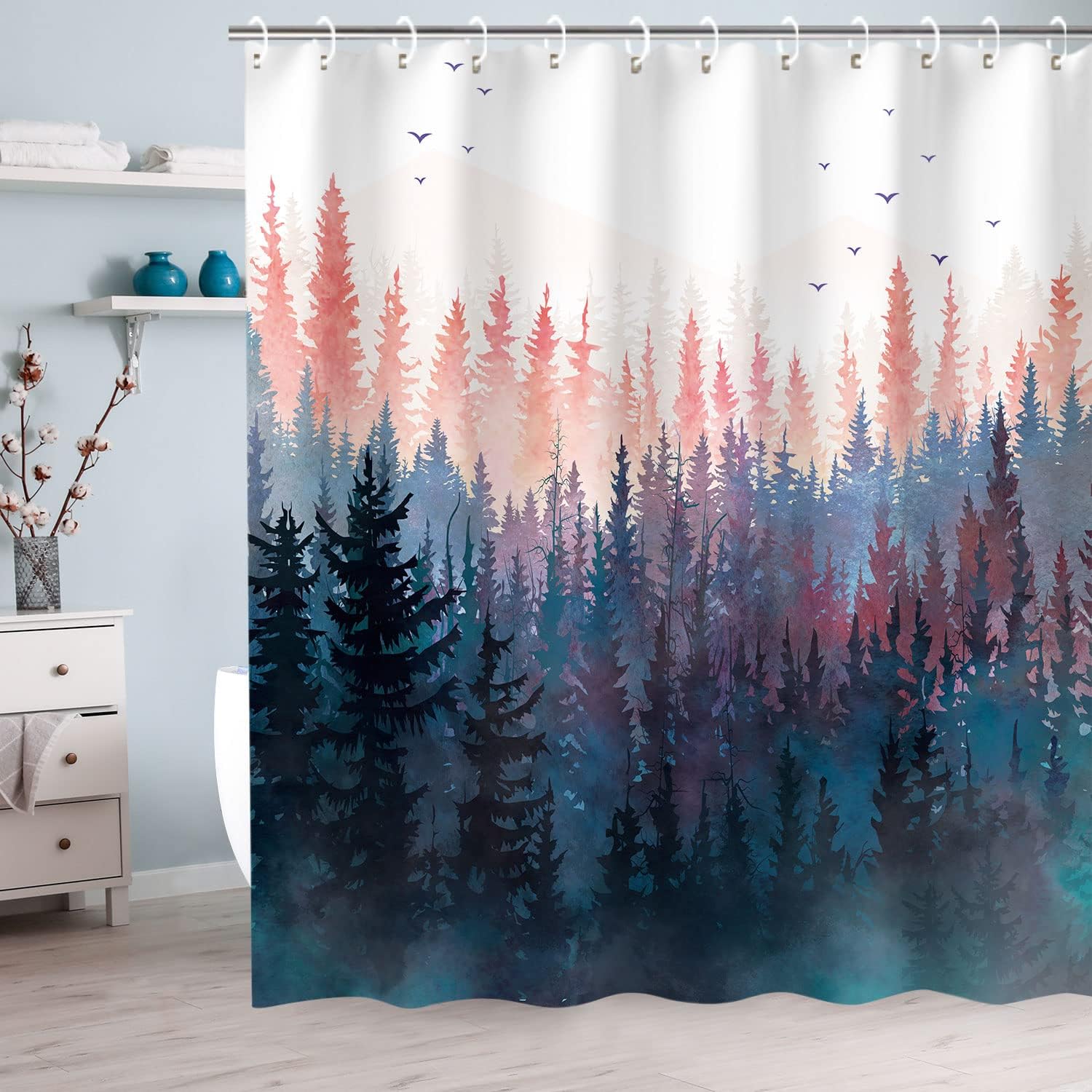 Scenic RosieLily Forest Shower Curtain with Pine Trees, Foggy Art, and Nature Vibes - Ideal for a Calming and Relaxing Bath Space