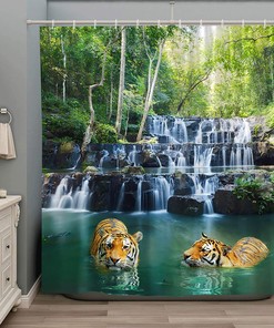 Scenic Spring Shower Curtain with Forest Waterfall and Tiger Design for Natural Landscape Bathroom Decor, Waterproof Fabric