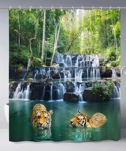 Scenic Spring Shower Curtain with Forest Waterfall and Tiger Design for Natural Landscape Bathroom Decor, Waterproof Fabric