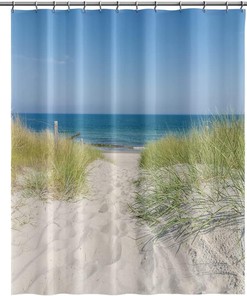 Sea Beach Blue Ocean Sand Dunes Tropical Wild Grasses Green Plants Summer Scenery Shower Curtain - Fabric Bathroom Bath Curtains
