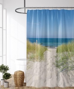 Sea Beach Blue Ocean Sand Dunes Tropical Wild Grasses Green Plants Summer Scenery Shower Curtain - Fabric Bathroom Bath Curtains