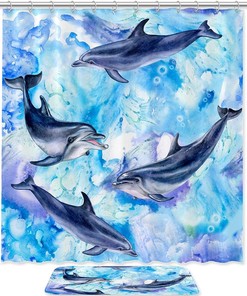 Sea Blue Pattern with Dolphins Waterproof Shower Curtain for Bathroom Decor 
