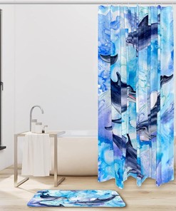 Sea Blue Pattern with Dolphins Waterproof Shower Curtain for Bathroom Decor