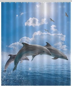 Sea Dolphins and Whales Bathroom Soft Bath Cloth Lightweight Shower Curtain with Ocean Theme