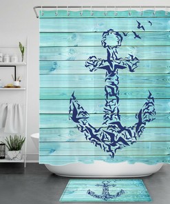 Seagull Anchor Teal Shower Curtain on Rustic Plank - Nautical Bathroom Accessory 
