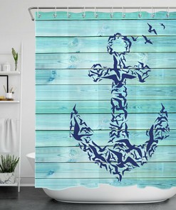 Seagull Anchor Teal Shower Curtain on Rustic Plank - Nautical Bathroom Accessory