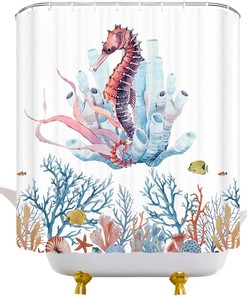 Seahorse Shower Curtain with Ocean Animal Hippocampus and Coral Print - Watercolor Marine Navigation for Underwater Bathroom Decor