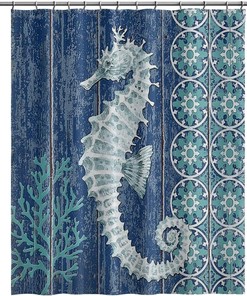 Seahorse Watercolor Teal Sea Horse Ocean Animal Rustic Wooden Board Blue Shower Curtain - Fabric Bathroom Bath Curtains