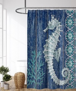 Seahorse Watercolor Teal Sea Horse Ocean Animal Rustic Wooden Board Blue Shower Curtain - Fabric Bathroom Bath Curtains
