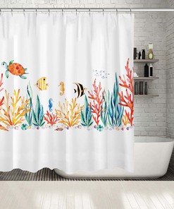 Seashell Printed Shower Curtain for Your Bathtub Bathroom Decorations with Turtle and Multiple Sea Shells Prints