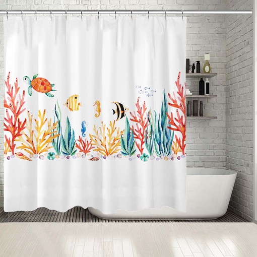 Seashell Printed Shower Curtain for Your Bathtub Bathroom Decorations with Turtle and Multiple Sea Shells Prints