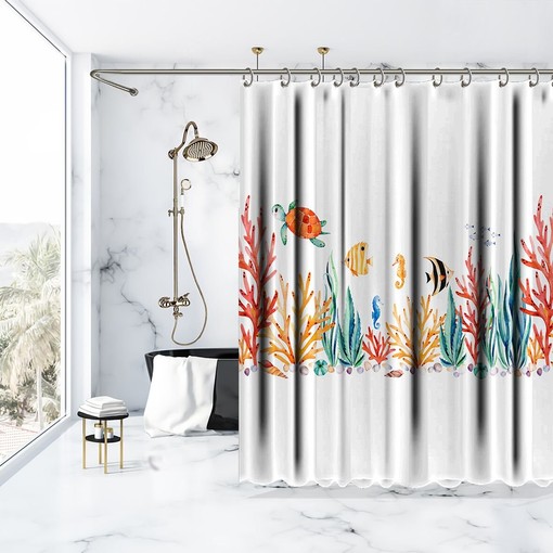 Seashell Printed Shower Curtain for Your Bathtub Bathroom Decorations with Turtle and Multiple Sea Shells Prints