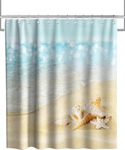 Seashell and Conch Shower Curtain - Ocean Decor Theme with Fabric Bathroom Decor in Blue and Gold