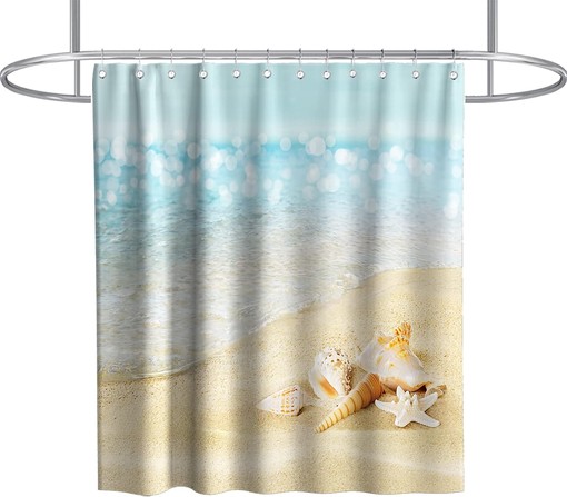 Seashell and Conch Shower Curtain - Ocean Decor Theme with Fabric Bathroom Decor in Blue and Gold